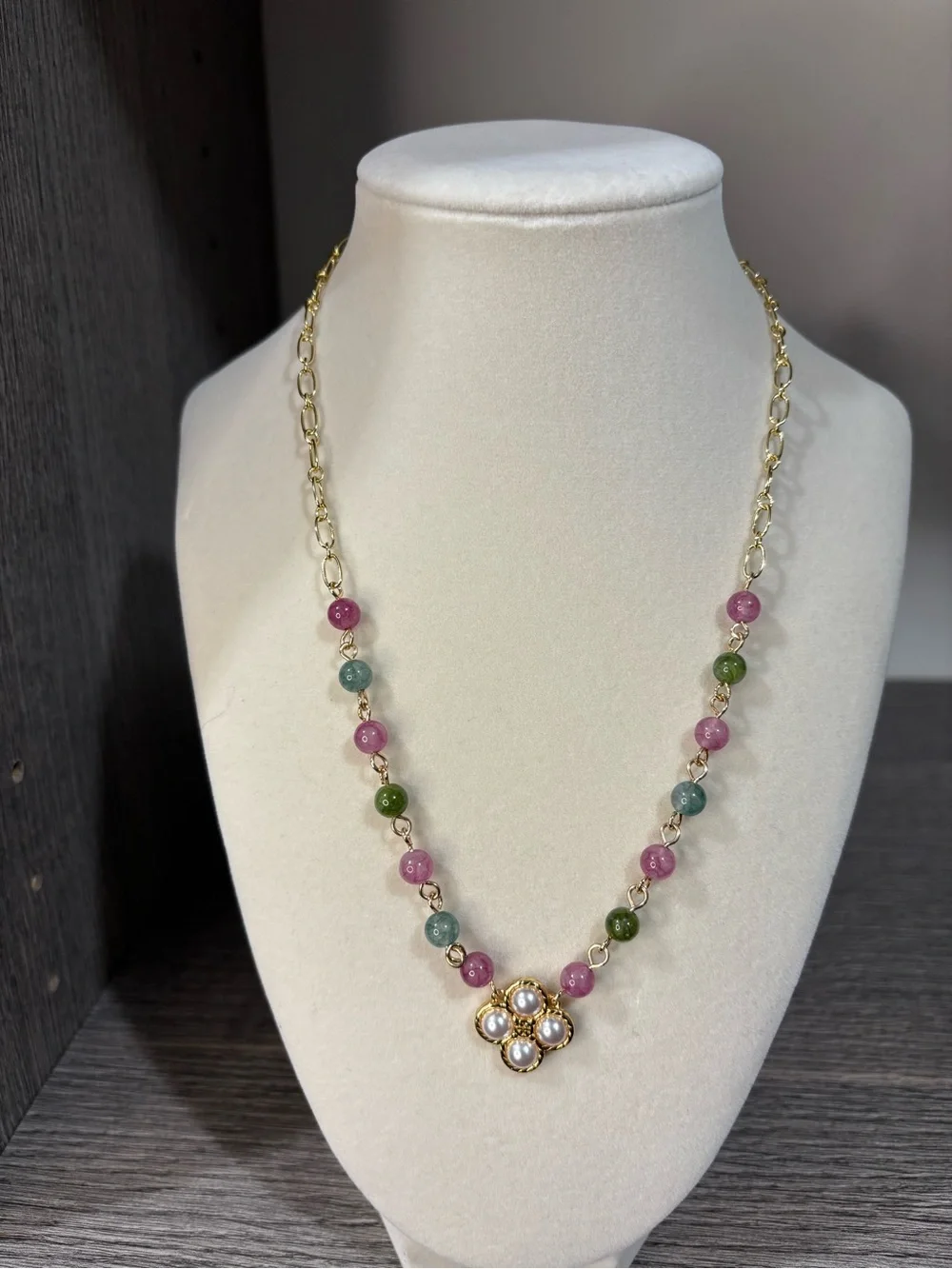 NWOT- Tory Burch Gold Necklace with Pink, Green, Blue Beads and Pearl Flower